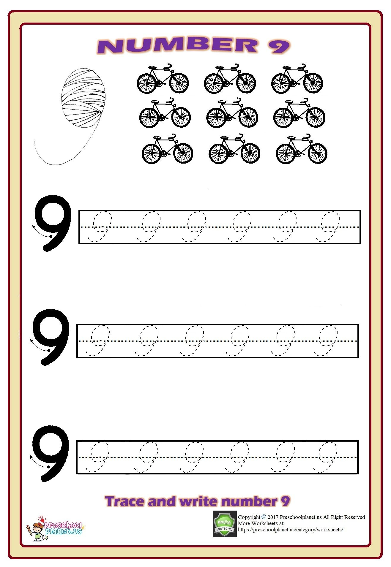 Number 9 Trace Worksheet Worksheets Numbers Preschool Sequencing 