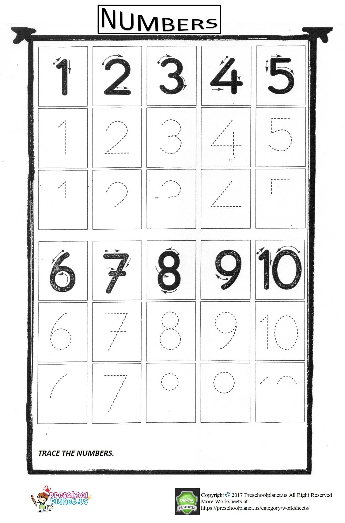 Number Trace Worksheet For Kids 1 10 Preschoolplanet