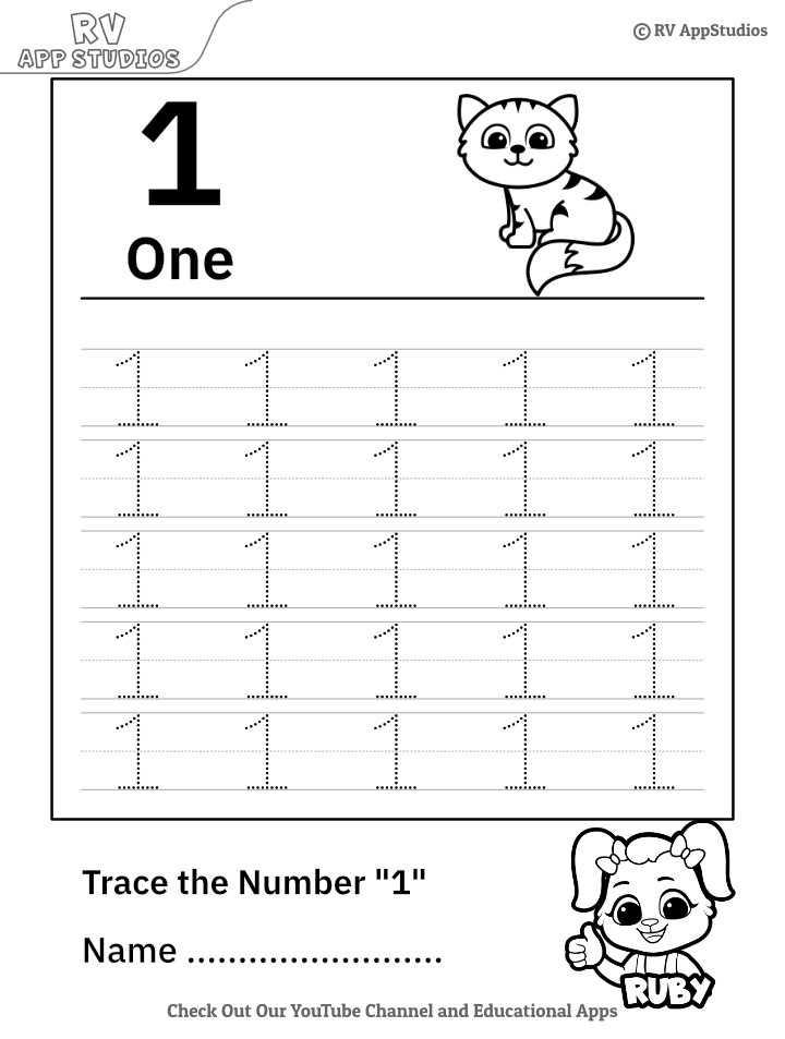 Trace Number 1 Worksheet For FREE For Kids