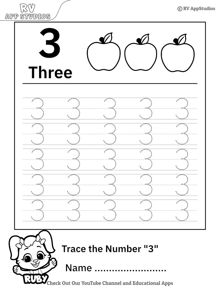 Trace Number 3 Worksheet For FREE For Kids