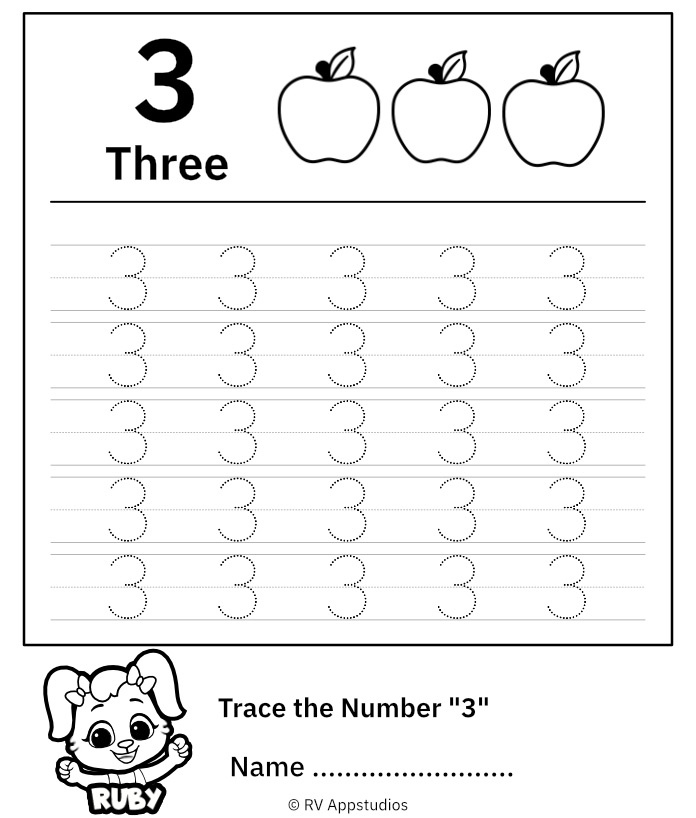 Trace Number 3 Worksheet For FREE For Kids