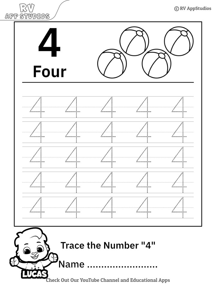 Trace Number 4 Worksheet For FREE For Kids