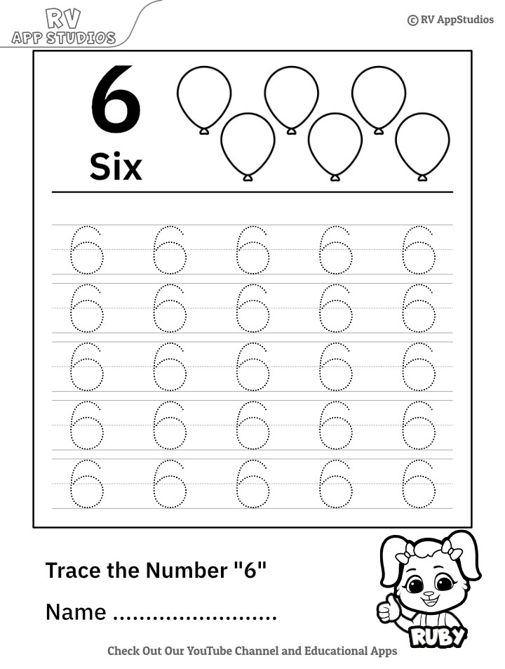 Trace Number 6 Worksheet For FREE For Kids