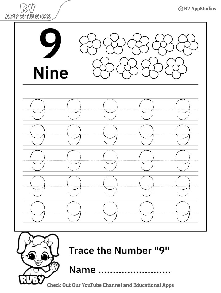 Trace Number 9 Worksheet For FREE For Kids