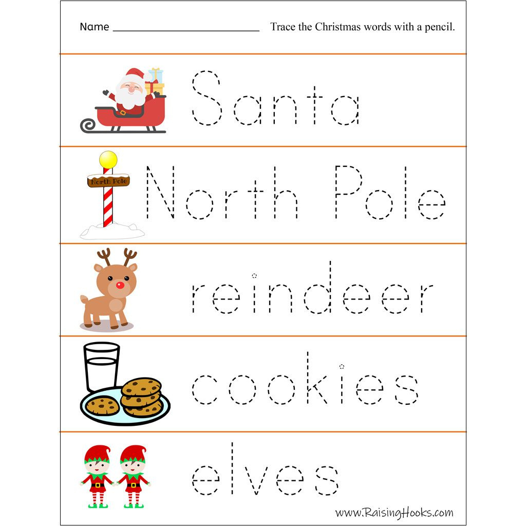 Christmas Tracing Worksheets - Raising Hooks in Christmas Words Tracing Worksheets