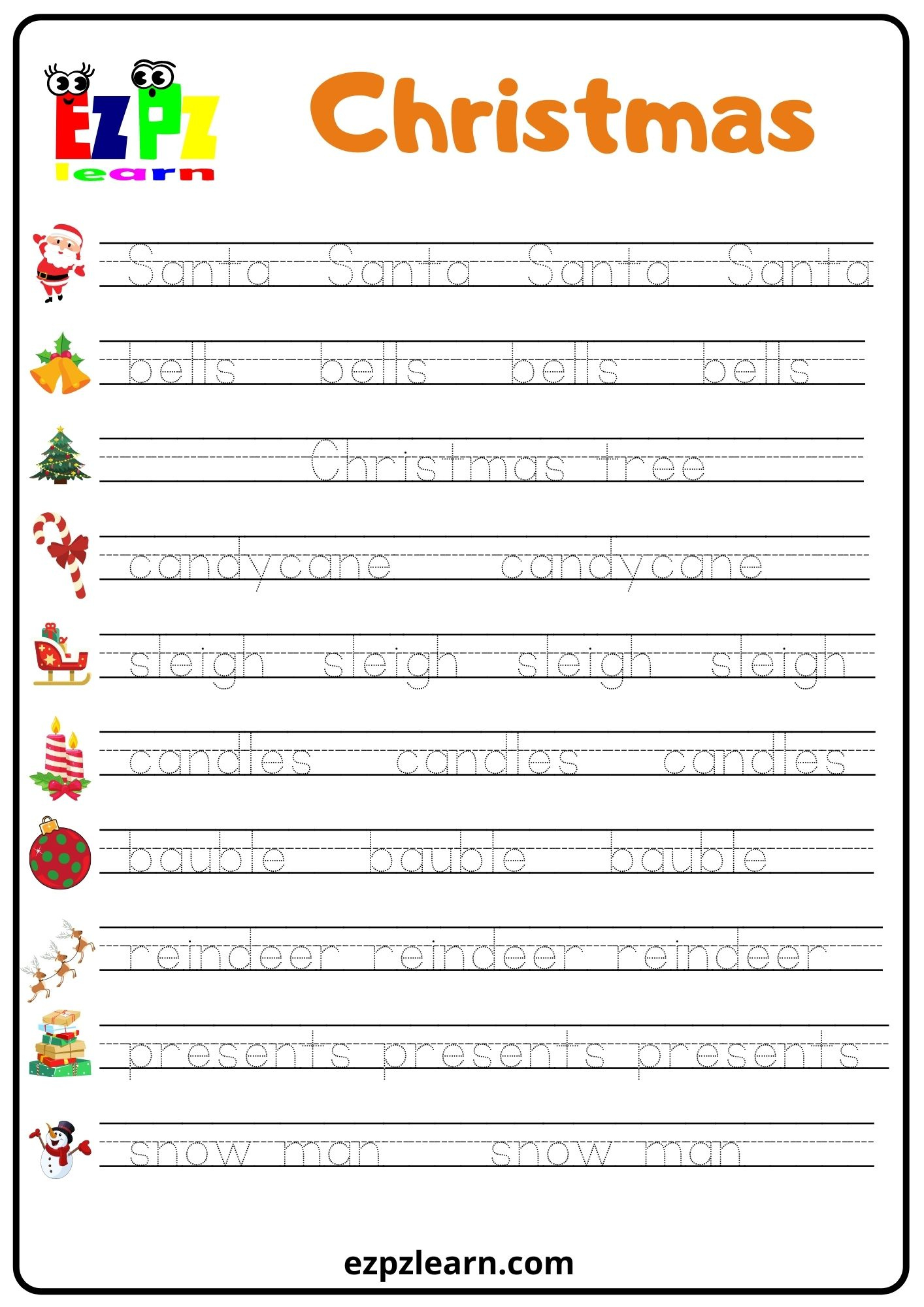 Christmas Word Tracing Worksheet - Ezpzlearn in Christmas Tracing Worksheets